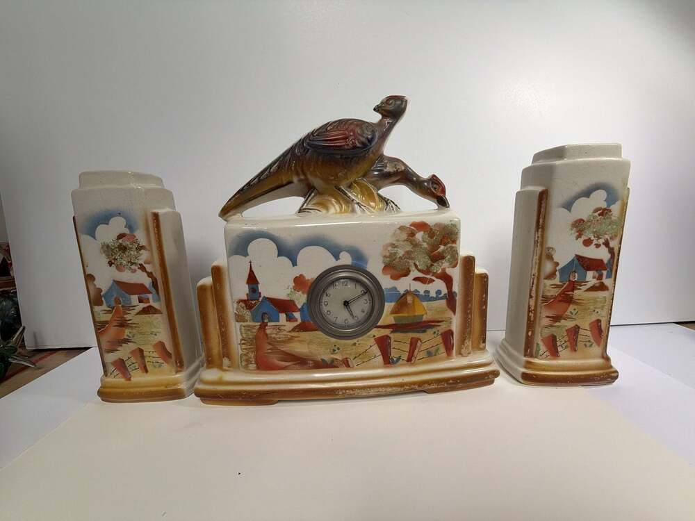 Vintage Art Deco Ceramic Pheasant Mantle Clock Set with Side Vases